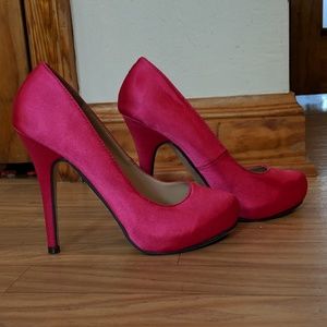 bright pink satin pumps